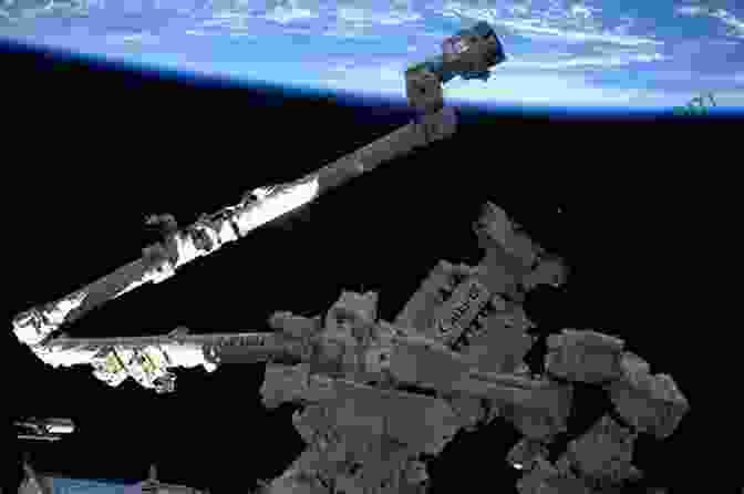 Canadarm2 Robotic Arm Extended In Space, Holding A Satellite. Canadarm And Collaboration: How Canada S Astronauts And Space Robots Explore New Worlds