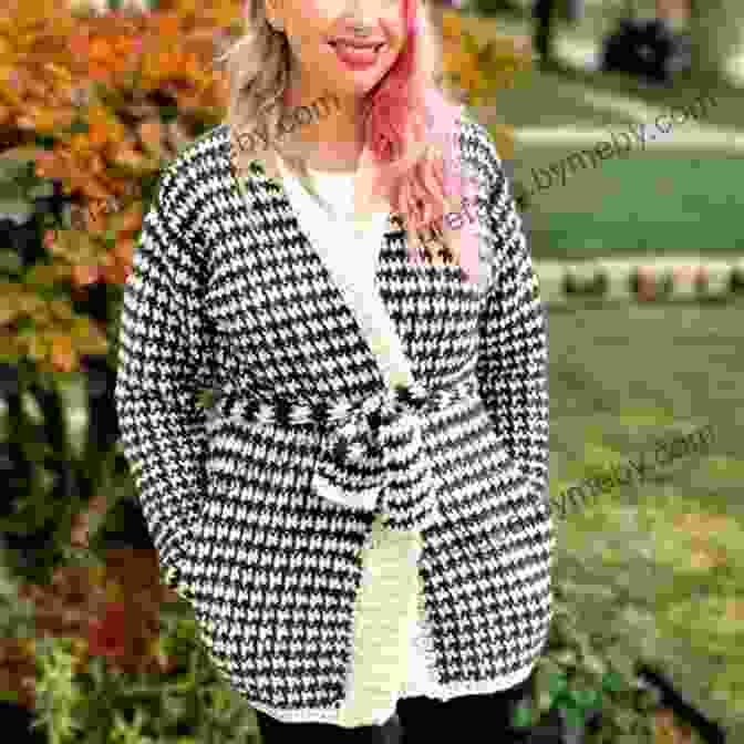 Close Up Of A Beautifully Crocheted Houndstooth Cardigan, Showcasing The Intricate Details And Classic Charm Of The Pattern. Houndstooth Cardigan Crochet Pattern: A Houndstooth Cardigan Created With Basic Crochet Stitches Wear It As A Vest Or Add Sleeves And Optional Buttons